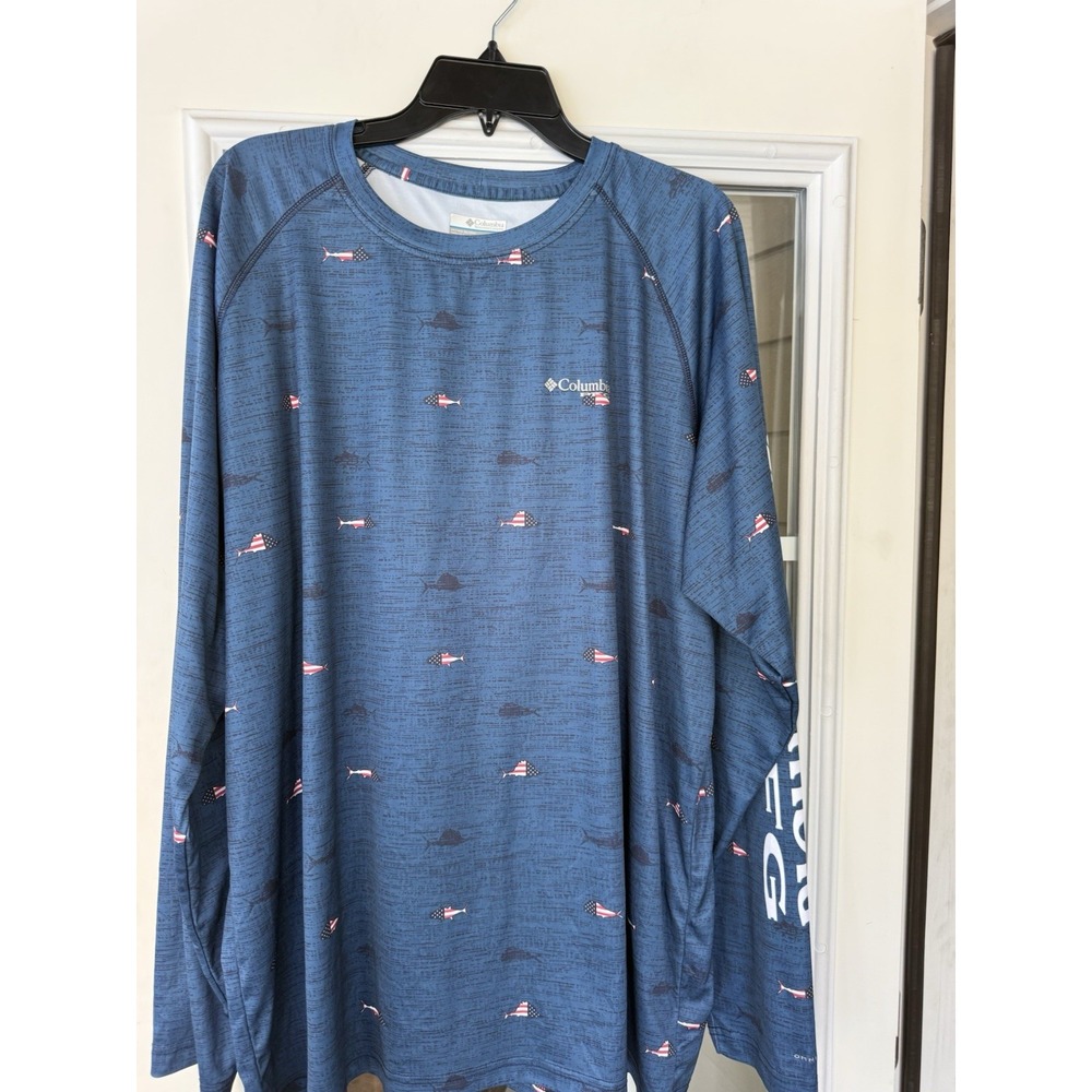 Columbia Men's Dark Blue PFG Flag Fish Long Sleeve Sports Shirt XXL Merica USA